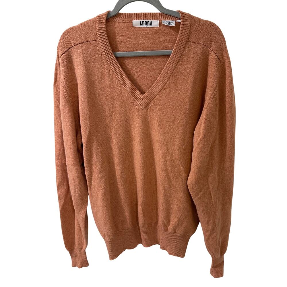 Vintage I. Magnin Men's 100% Cashmere V-Neck Pullover Sweater Faded Orange, L